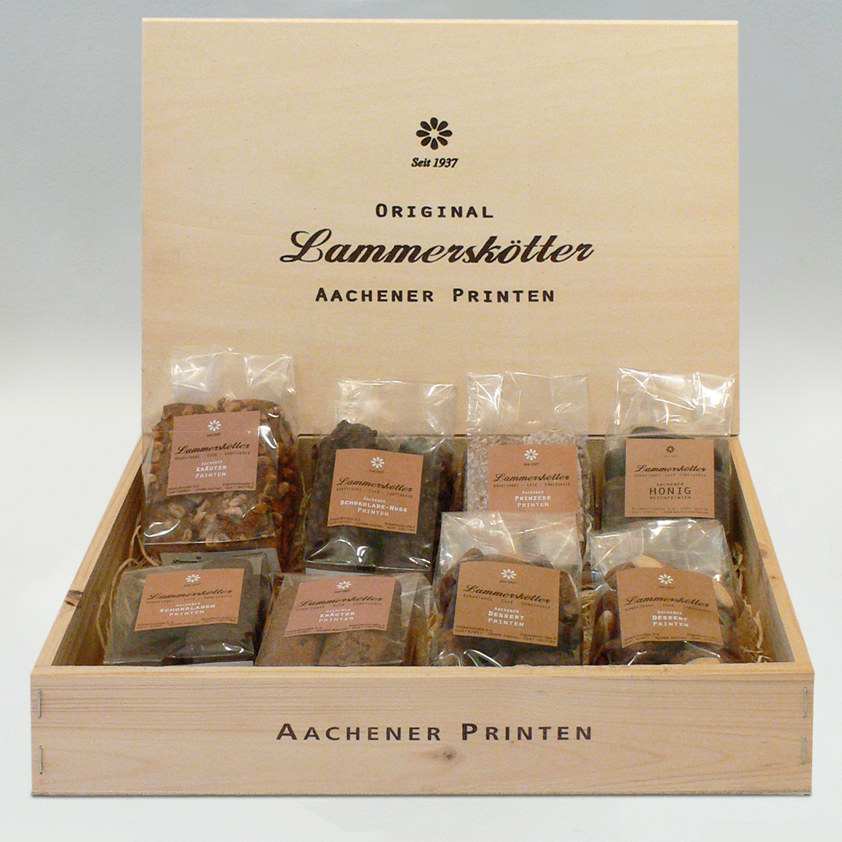 Printen 8er Kiste | Schokoladen-, Kräuter-, Prinzess-, Schoko-Nuss-, Schoko-, Mandel-, Kräuter-Nuss, Dessert & Kräuter -Mandelprinten
